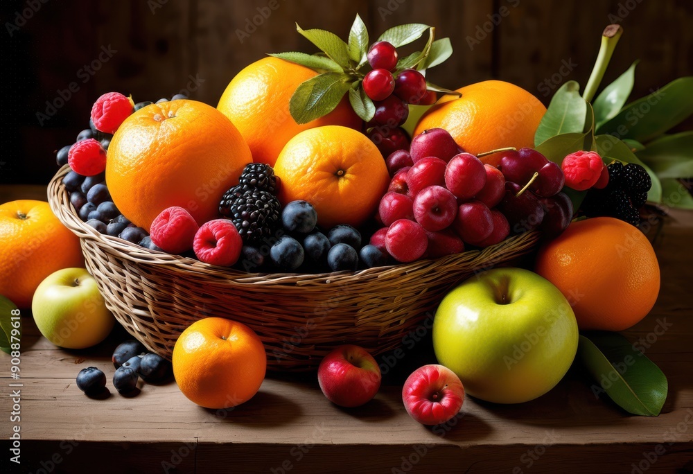 vibrant fruit arrangement bathed natural illumination showcasing colorful display fresh produce, apples, oranges, bananas, berries, grapes, lemons vibrant fruit arrangement bathed natural illumination showcasing colorful display fresh produce, apples, oranges, bananas, berries, grapes, lemons