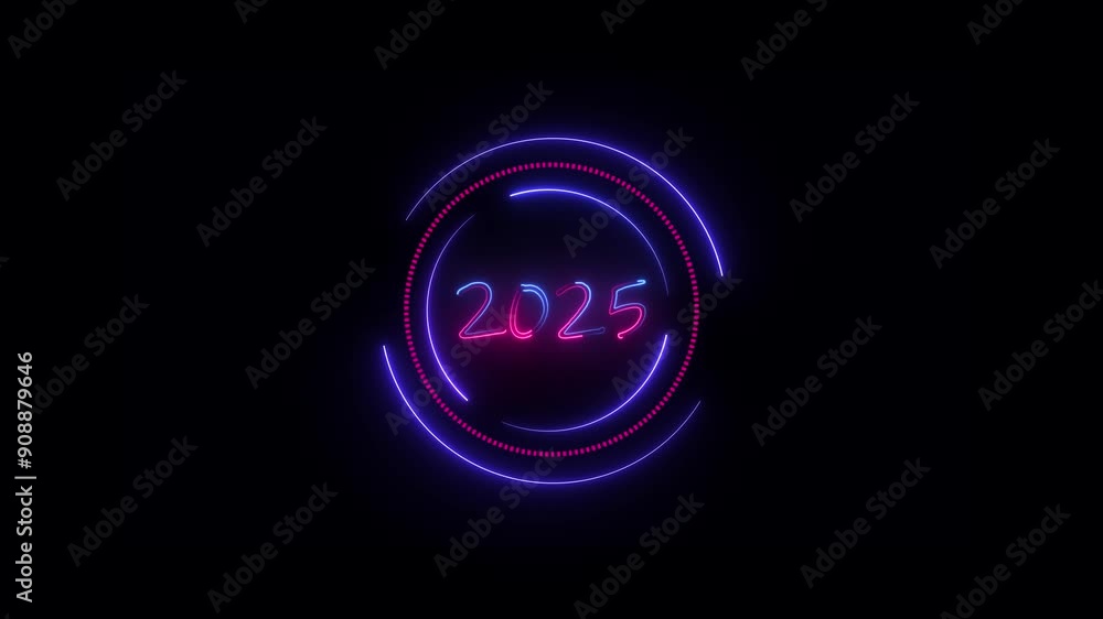 Neon circle with word 2025 in center against animated . 4k animation on black background. Neon circle with word 2025 in center against animated . 4k animation on black background.