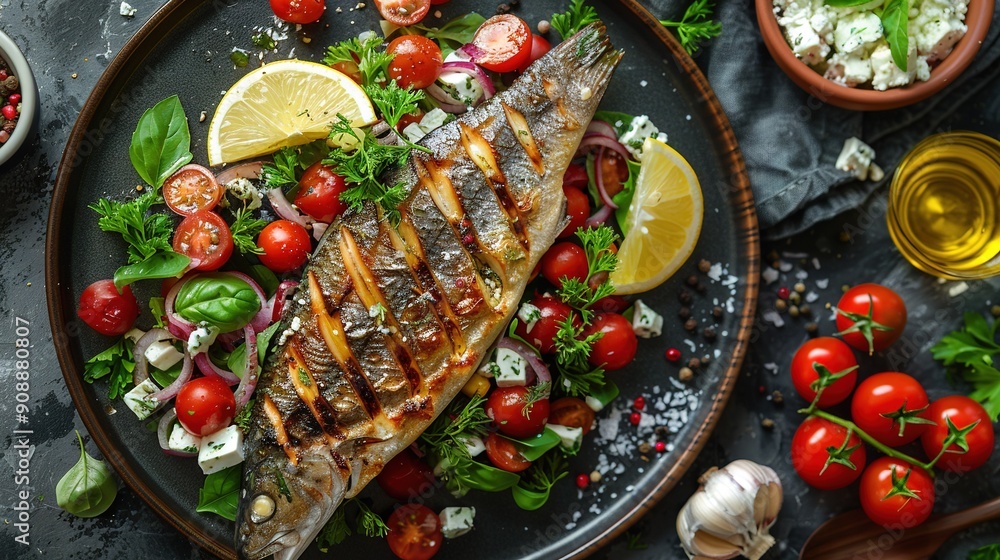 A plate of grilled fish with lettuce, tomatoes, onions, and lemon wedges A plate of grilled fish with lettuce, tomatoes, onions, and lemon wedges