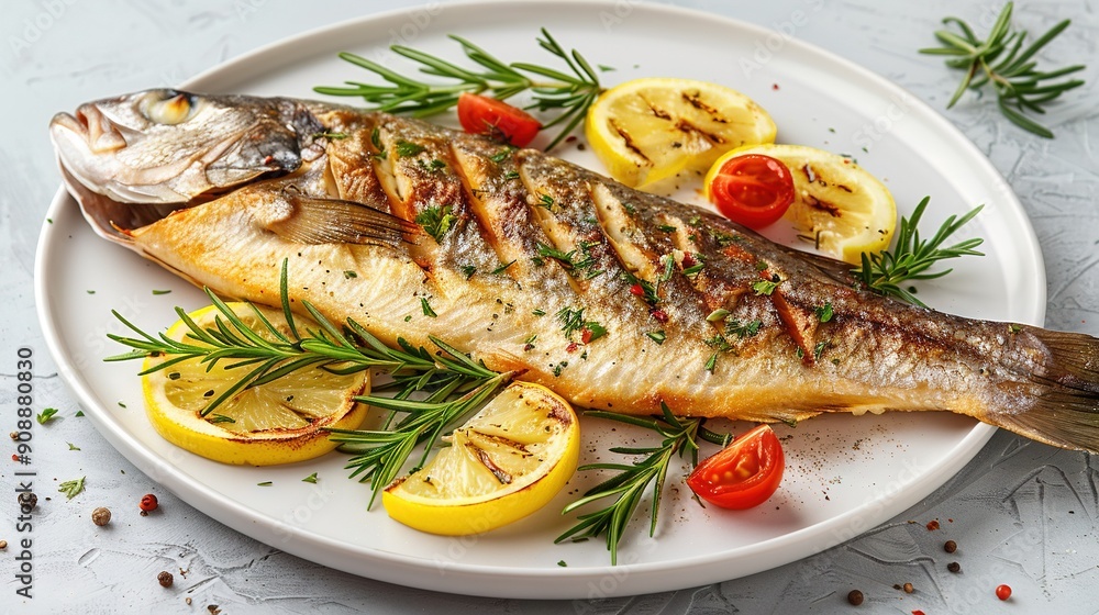 A fish on a plate with lemons, tomatoes, and a sprig of rosemary beside it A fish on a plate with lemons, tomatoes, and a sprig of rosemary beside it