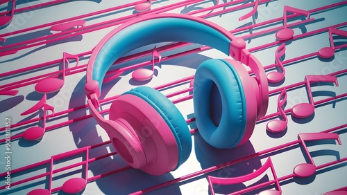 Earphones and music notes on pink and blue foundation. Music idea