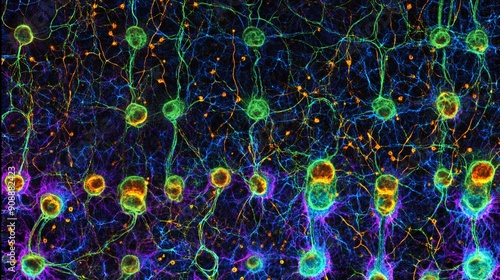 This detailed microscopic image reveals the complexity of a neuron network, showcasing the interconnected neurons and their pathways. The scene captures the branching dendrites and axons, with vivid