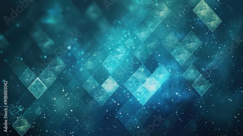 A captivating background features glowing diamond patterns in vibrant teal and blue hues, creating a dynamic and luminous visual experience