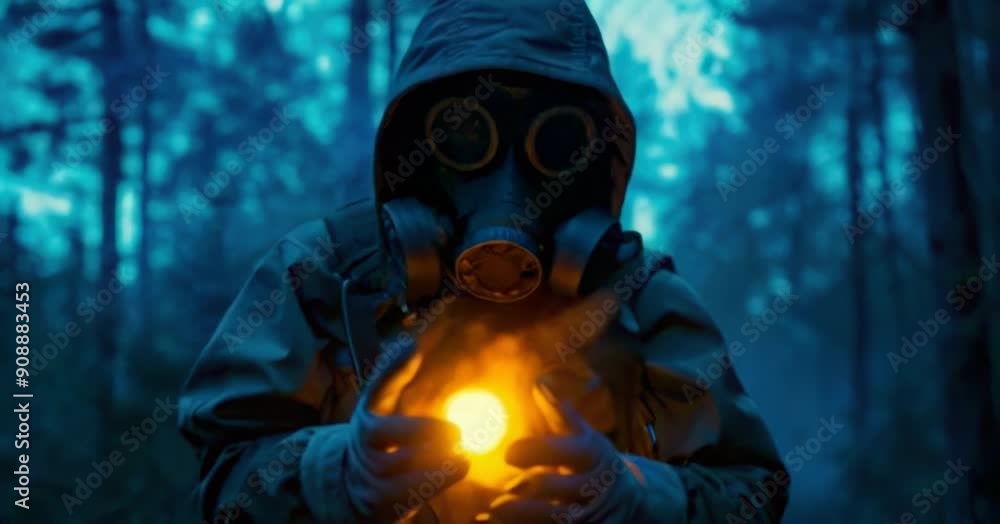 Person in a gas mask holding a glowing object, set against a dark, moody background. Person in a gas mask holding a glowing object, set against a dark, moody background.