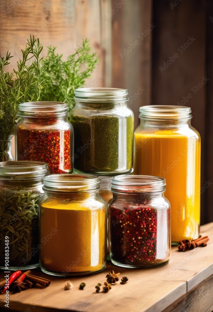 elegant display colorful spices chic glass jars showcasing beautiful arrangement inviting aesthetic appeal, stylish, container, kitchen, decor, vibrant