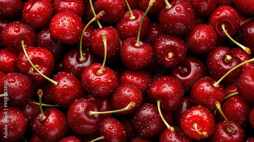 A pile of red cherries, with water droplets on top and bottom A pile of red cherries, with water droplets on top and bottom