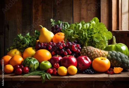 vibrant display fresh natural produce rustic wooden tabletop showcasing colorful fruits vegetables, organic, harvest, gourmet, culinary, arrangement, seasonal