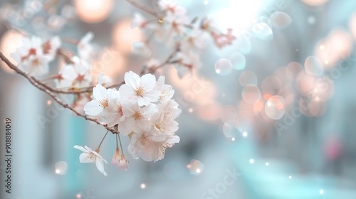  Blurred picture of a white-flowered tree branch against a bokeh background with faint, indistinct lights