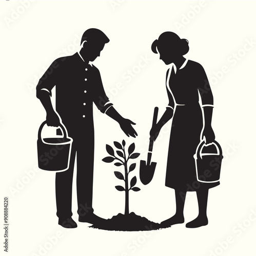 family planting a tree Silhouette Vector Illustration