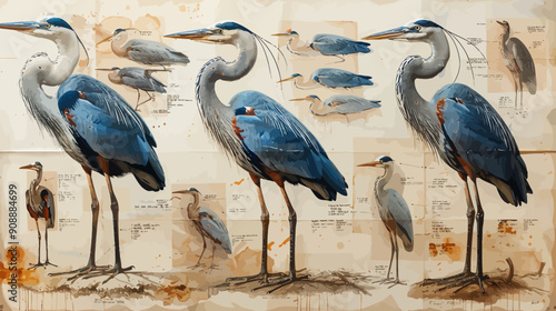 Educational and scientific handsketched poster of a variety of blue herons Taxidermy