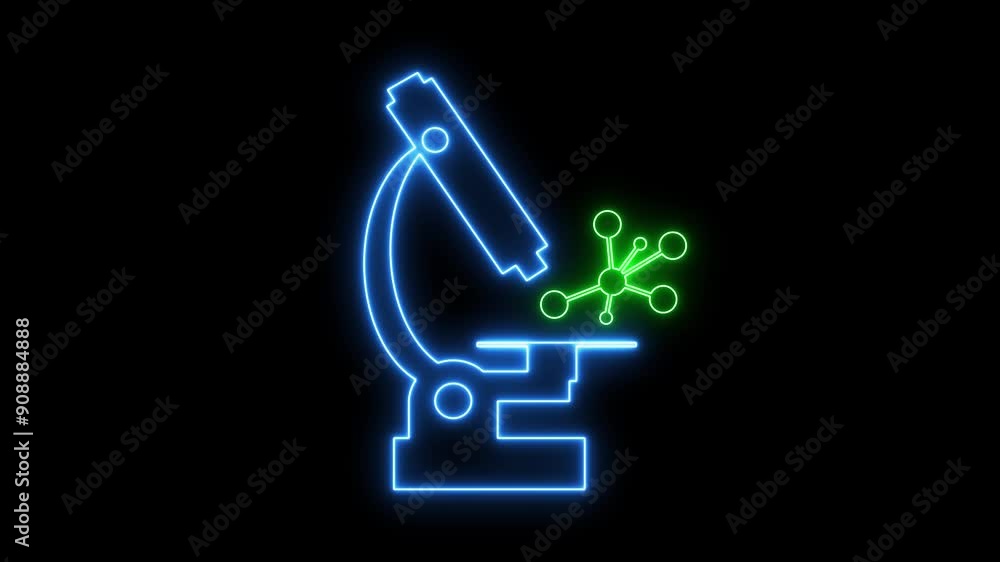 A microscope icon with glowing lines. Neon effect on a black background 4K video A microscope icon with glowing lines. Neon effect on a black background 4K video