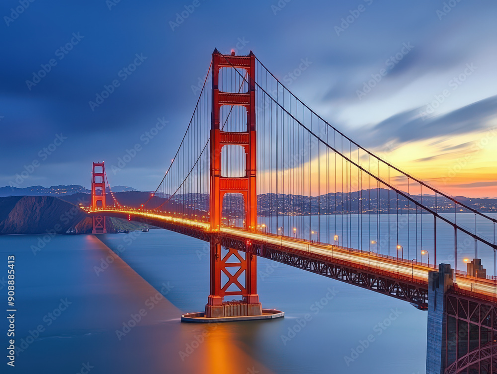 Fototapeta premium The Golden Gate Bridge is lit up at night, creating a beautiful