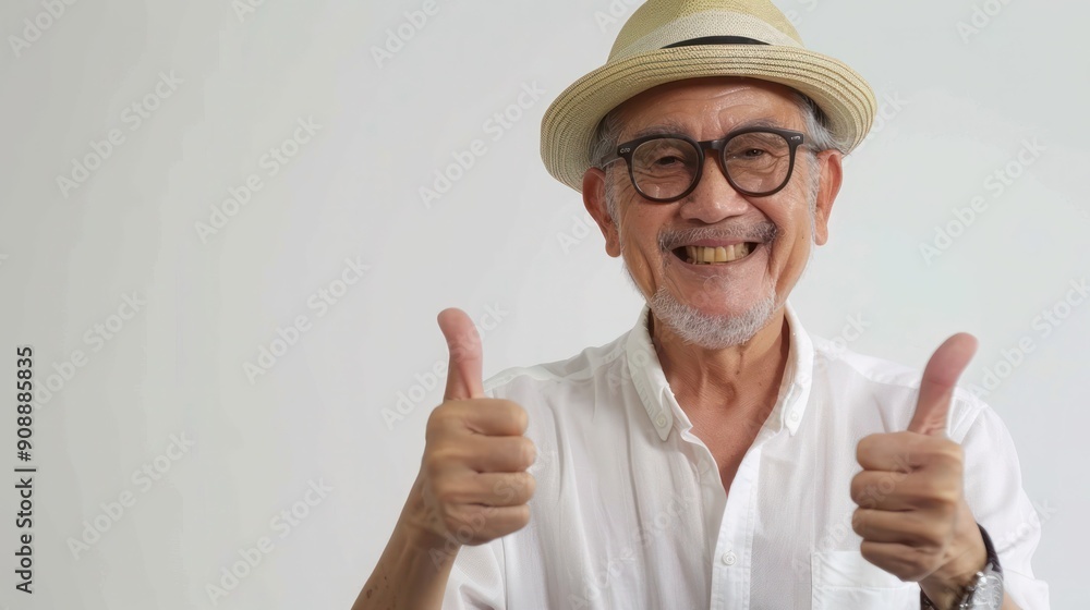 Joyful elderly man giving a thumbs up with a white background. Happy senior man wearing glasses and a hat, expressing positivity and cheerfulness. Joyful elderly man giving a thumbs up with a white background. Happy senior man wearing glasses and a hat, expressing positivity and cheerfulness.
