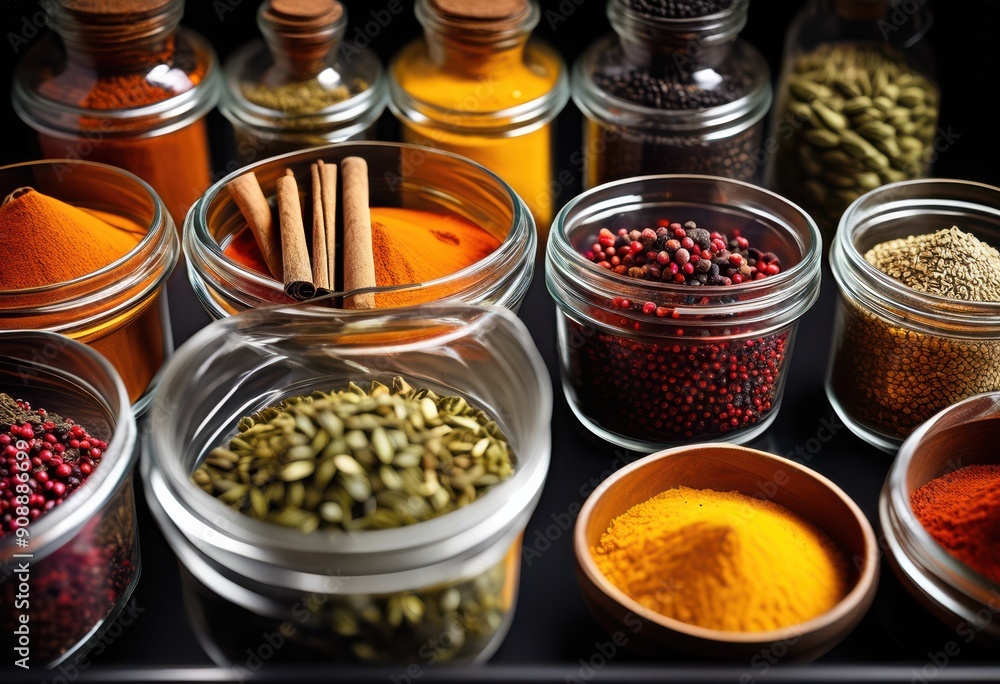 vibrant spices clear containers black backdrop showcasing rich colors textures culinary inspiration, herbs, seasonings, jars, glass, organic, natural vibrant spices clear containers black backdrop showcasing rich colors textures culinary inspiration, herbs, seasonings, jars, glass, organic, natural