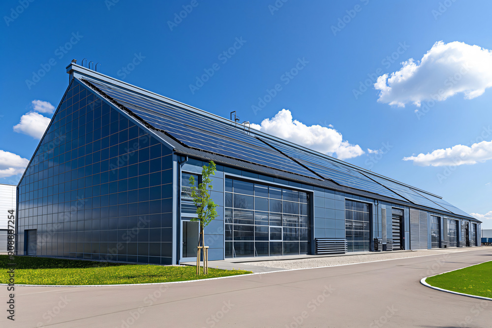 custom made wallpaper toronto digitalModern factory embracing sustainable practices, generating renewable energy with rooftop solar panels, showcasing commitment to eco friendly operations