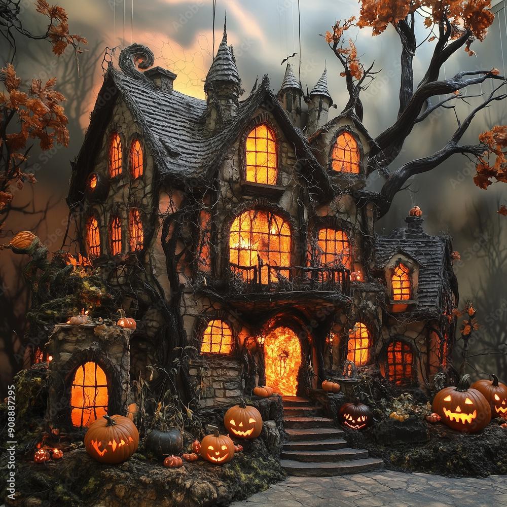 Spooky Halloween night in a village with a cathedral, pumpkins, and a full moon illuminating the old town Spooky Halloween night in a village with a cathedral, pumpkins, and a full moon illuminating the old town
