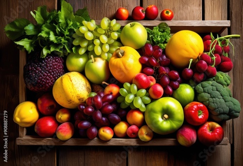 vibrant aerial view featuring fresh seasonal produce ingredients colorful arrangement, fruits, vegetables, market, food, healthy, organic, harvest, garden