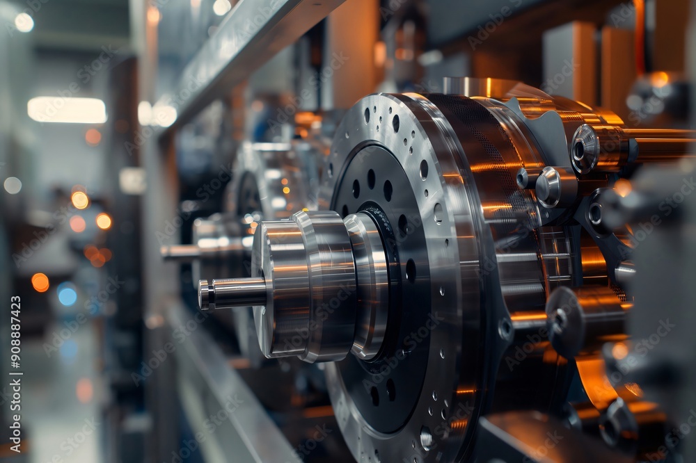 Close up of industrial machinery operating inside a brightly lit high precision tool and die manufacturing plant Close up of industrial machinery operating inside a brightly lit high precision tool and die manufacturing plant