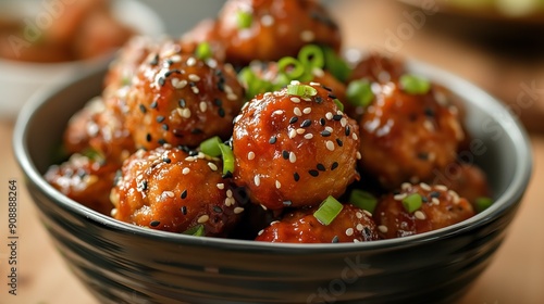 Savory meatballs glazed with Asian-inspired sauce, garnished with sesame seeds and green onions in a black bowl. photo