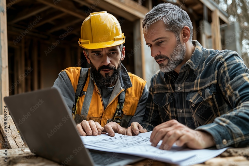 Construction Worker Analyzing Blueprints on Laptop During Home Renovation Collaboration