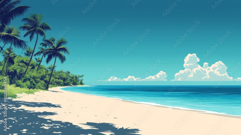 Fototapeta premium Tropical Beach Scene with Palm Trees and Blue Sky