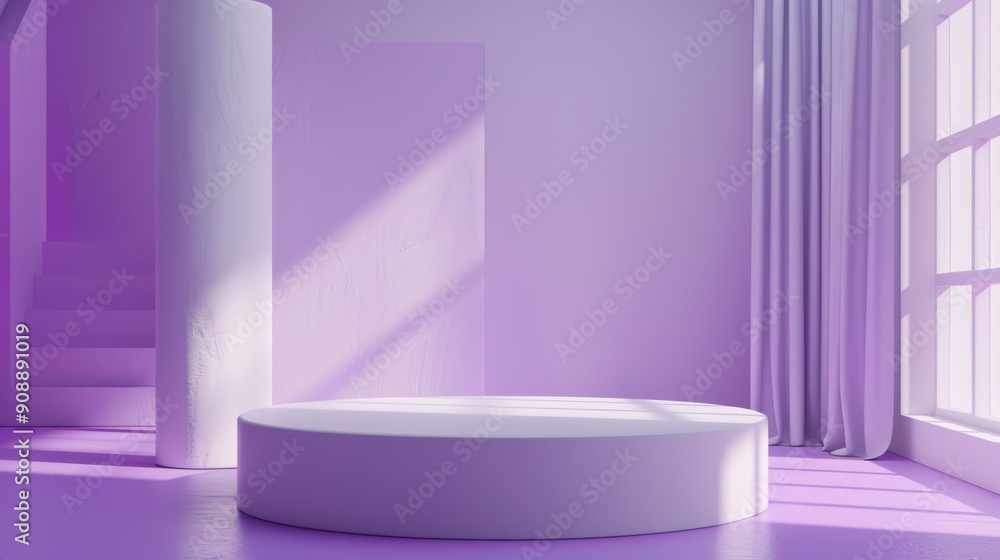 Purple podium, 3D studio scene, light background, white base, abstract geometric shapes, cylinder floor, room shape model Purple podium, 3D studio scene, light background, white base, abstract geometric shapes, cylinder floor, room shape model