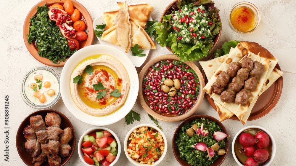 A vibrant display of Middle Eastern dishes with fresh vegetables, meats, and dips arranged appealingly on a rustic table A vibrant display of Middle Eastern dishes with fresh vegetables, meats, and dips arranged appealingly on a rustic table