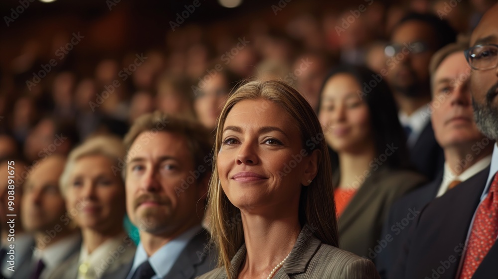 Audience members at a business event, with a woman in focus smiling confidently among the crowd. Audience members at a business event, with a woman in focus smiling confidently among the crowd.