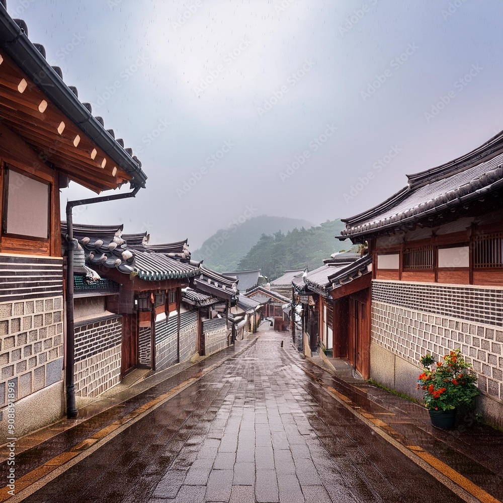 Obraz premium rainy streets in korea, 비오는날 한국의 거리