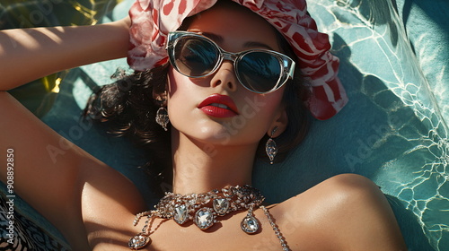 1930s woman with ornate vintage jewelry sunbathing