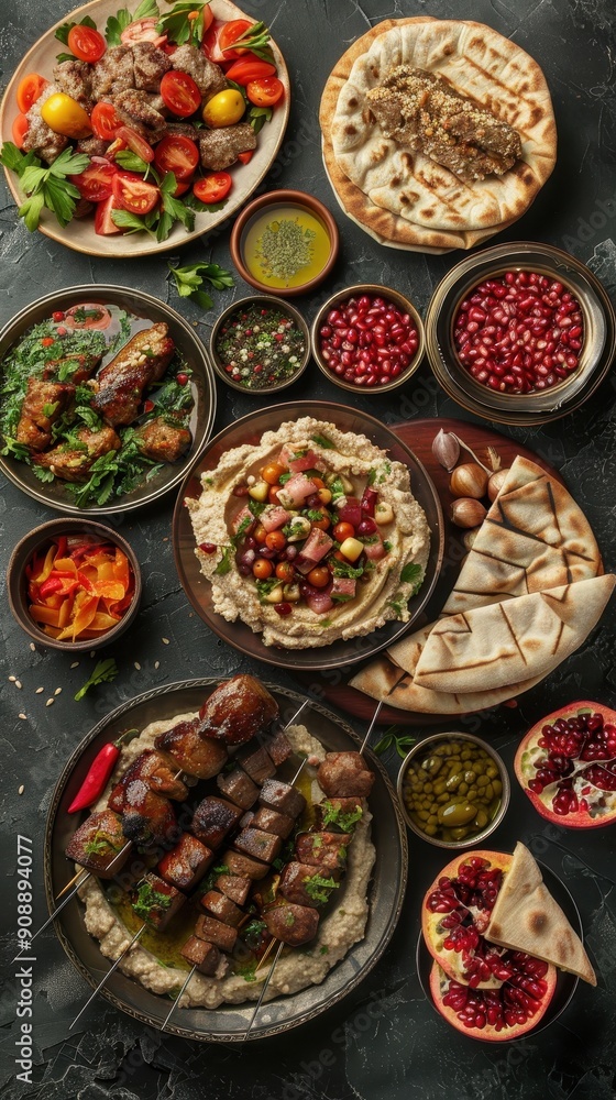 Fototapeta premium An array of Middle Eastern dishes featuring grilled meats, fresh salads, dips, and vibrant pomegranate garnishes