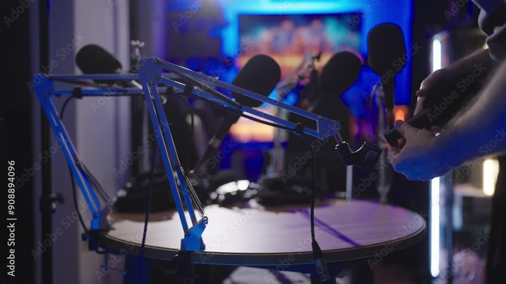 Setting up podcast set with microphone on table arm 4K Setting up podcast set with microphone on table arm 4K