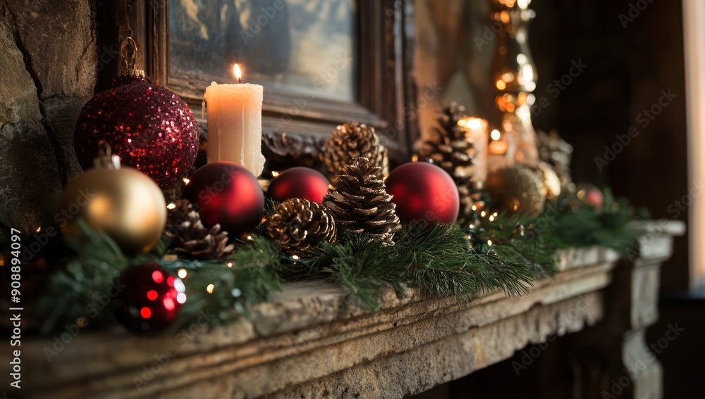 Christmas Decorations on a Fireplace Mantel Christmas Decorations on a Fireplace Mantel