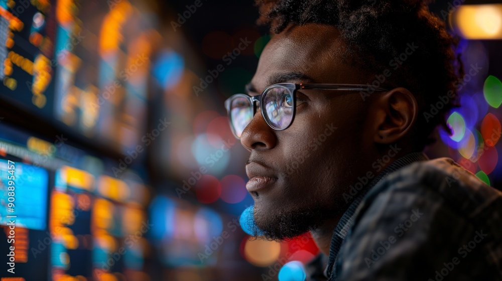 Man in glasses focused on computer screens with data visuals in the background. Man in glasses focused on computer screens with data visuals in the background.