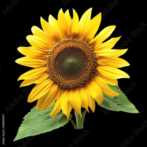 Close-up of a vibrant yellow sunflower with green leaves against a black background. Perfect for floral and nature-themed projects. photo