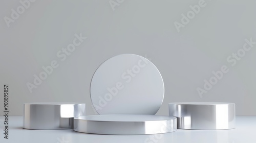 Photo of 3D silver metal podium, detachable stage base, silver metal podium, round stage base, iron shape, white backdrop, cylinder.