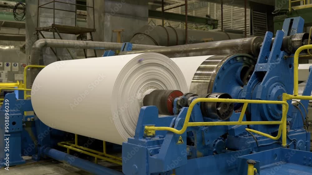 Forming paper roll with rotating drum and rollers on factory production ...