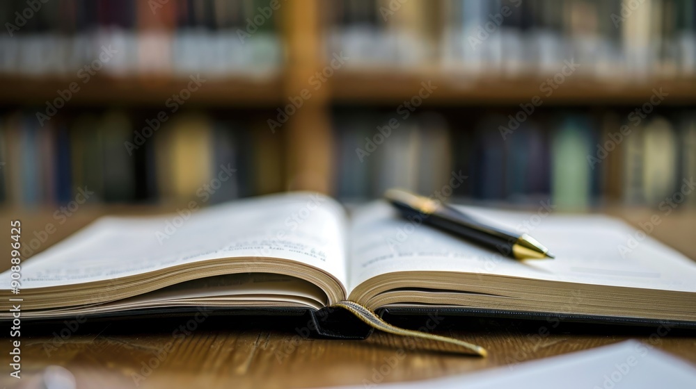 Creative Workspace - Close-Up of Open Book, Pen, and Notebook on Wooden Desk Creative Workspace - Close-Up of Open Book, Pen, and Notebook on Wooden Desk