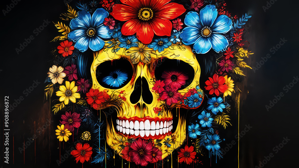 Illustration of a skull with flowers on the head and in the eye sockets, on a black background, skull surrounded by different colors, paint drops Illustration of a skull with flowers on the head and in the eye sockets, on a black background, skull surrounded by different colors, paint drops