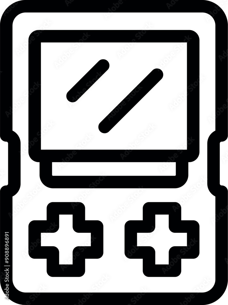 Simple line art icon logo of a handheld gaming device with a d pad and screen, representing mobile gaming Simple line art icon logo of a handheld gaming device with a d pad and screen, representing mobile gaming