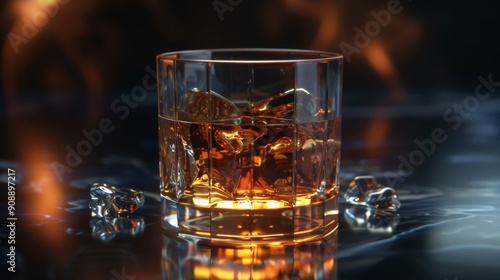 A glass of whiskey on the rocks.