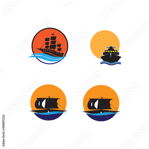 Ship Logo, Ocean Transport Vector, And Cruise Ship, Cargo, Logistics, Sailing School, Speedboat