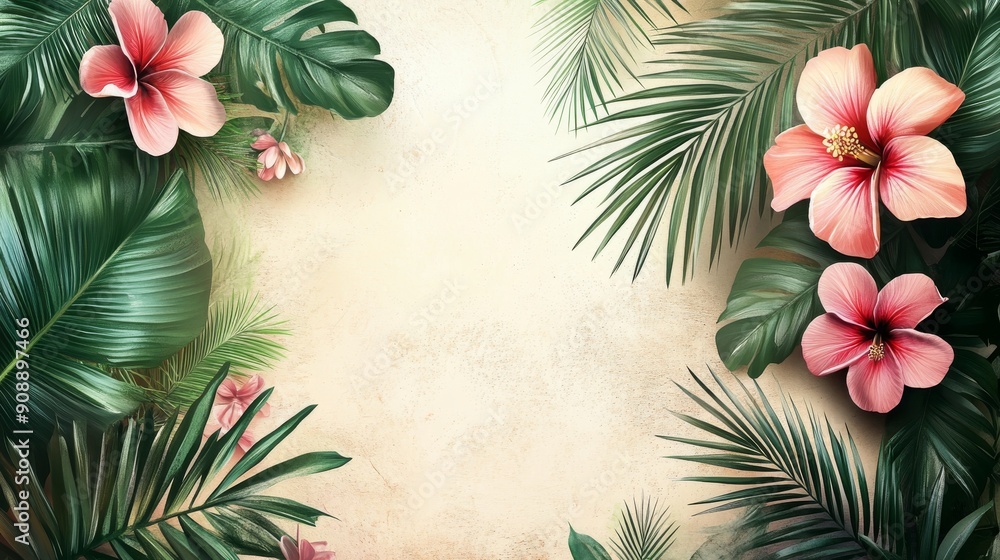 Tropical Floral Frame with Pink Hibiscus and Lush Green Palm Leaves Tropical Floral Frame with Pink Hibiscus and Lush Green Palm Leaves