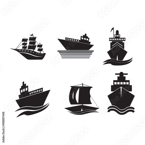 Ship Logo, Ocean Transport Vector, And Cruise Ship, Cargo, Logistics, Sailing School, Speedboat