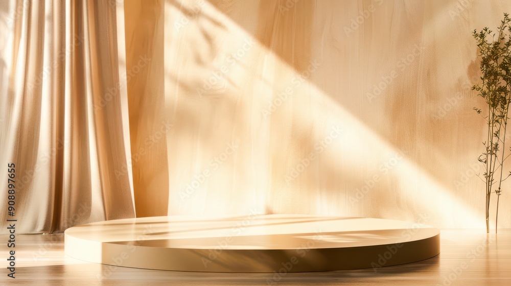 Elegant platform with beige background for product presentation. Luxurious brown and pastel wall with silk curtains adding elegance and geometric shadows creating a sophisticated atmosphere. Elegant platform with beige background for product presentation. Luxurious brown and pastel wall with silk curtains adding elegance and geometric shadows creating a sophisticated atmosphere.