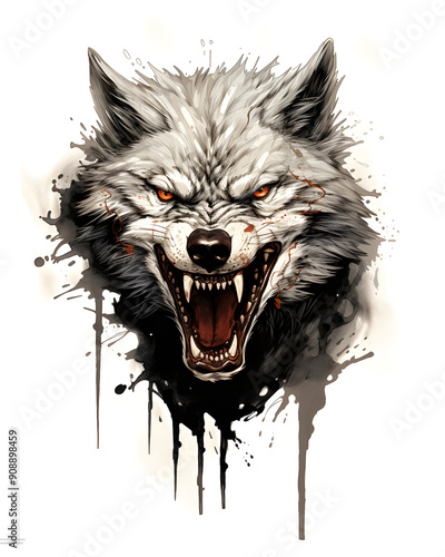 Wolf headfull aggressive expression lowbrow surrealist illustration photo