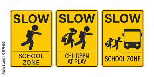 Bundle set label slow Speed, School Zone Safety sign. boy, girls, student and Bus, kids at play in yellow rectangle sign