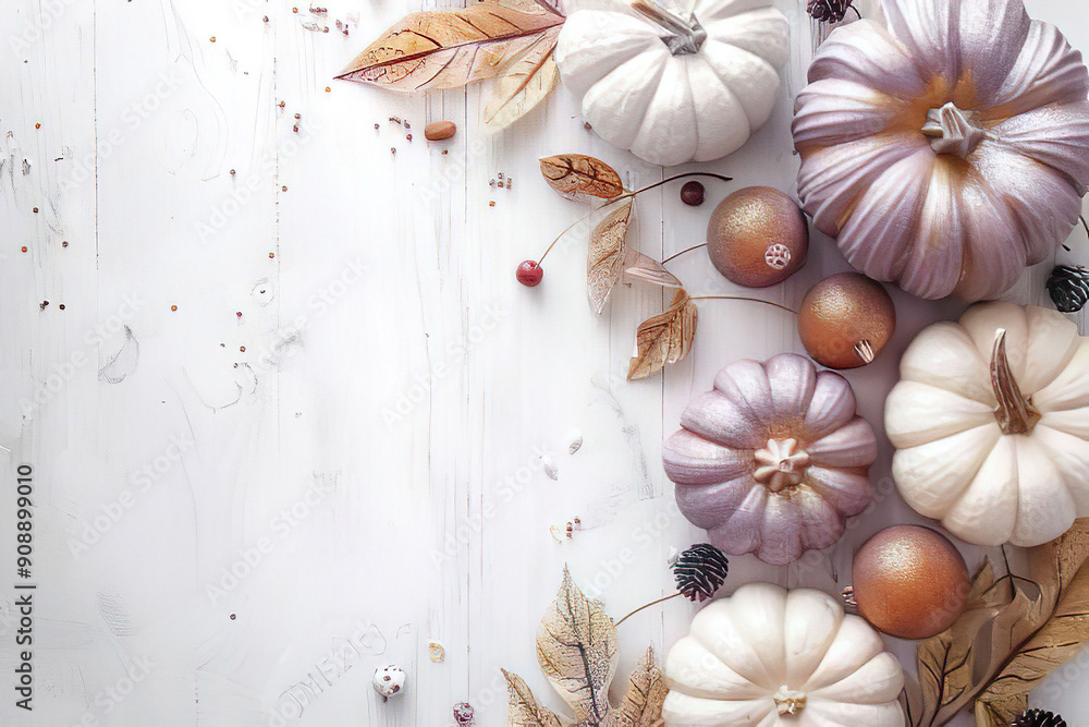 elegant soft colored pumpkins and leaves on white ground, space for text, fall background, invitation, template elegant soft colored pumpkins and leaves on white ground, space for text, fall background, invitation, template