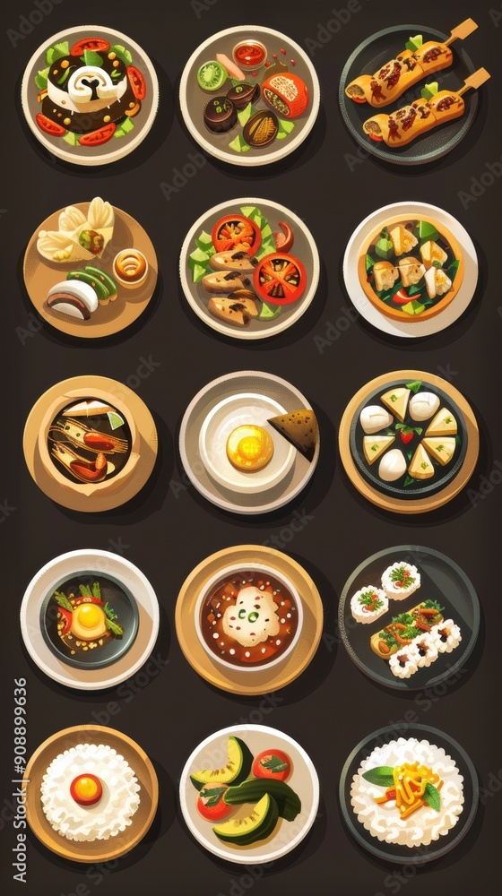 An assortment of beautifully arranged dishes showcasing various cuisines ready for a delightful meal An assortment of beautifully arranged dishes showcasing various cuisines ready for a delightful meal