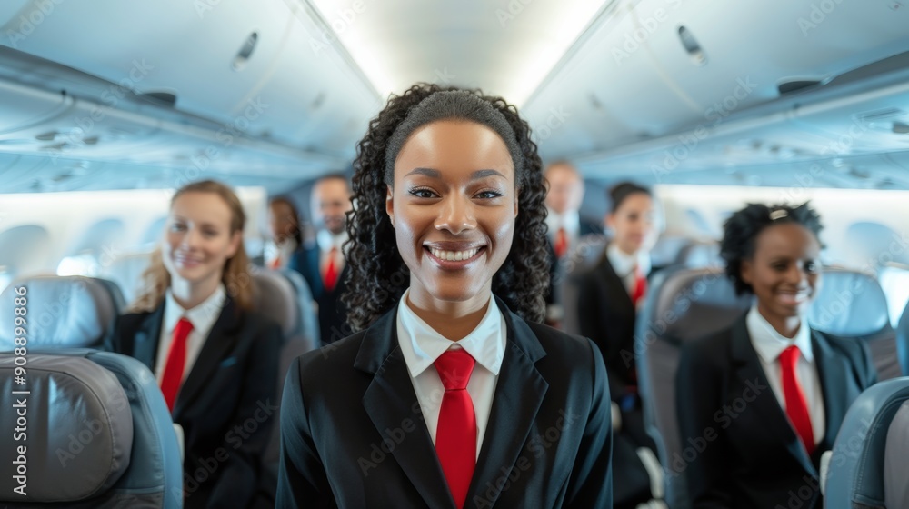 A photo of a diverse group of flight attendants posing and smiling in the aisle of an airplane, with passengers sitting behind them.